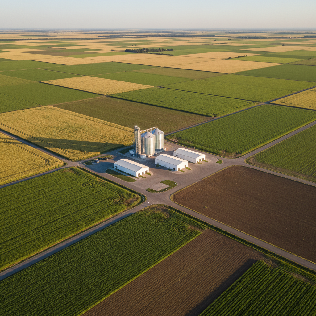 A wide aerial photographic view of expansive Asirans agricultural fields, with distinct geometric plots of deep green crops, golden grain, and freshly tilled rich brown soil forming a precise patchwork. In the center, a modern metal grain silo and clean white storage buildings stand on a neat gravel yard, with clearly marked driveways and equipment zones. Late afternoon sunlight casts long, crisp shadows, emphasizing the structured layout and orderliness of the site. The sky is clear and pale blue, with a slight warm haze near the horizon. Captured with sharp focus and high resolution, the composition uses leading lines from irrigation tracks to draw the eye inward, creating a professional, trustworthy, and efficient atmosphere in clean photographic realism.