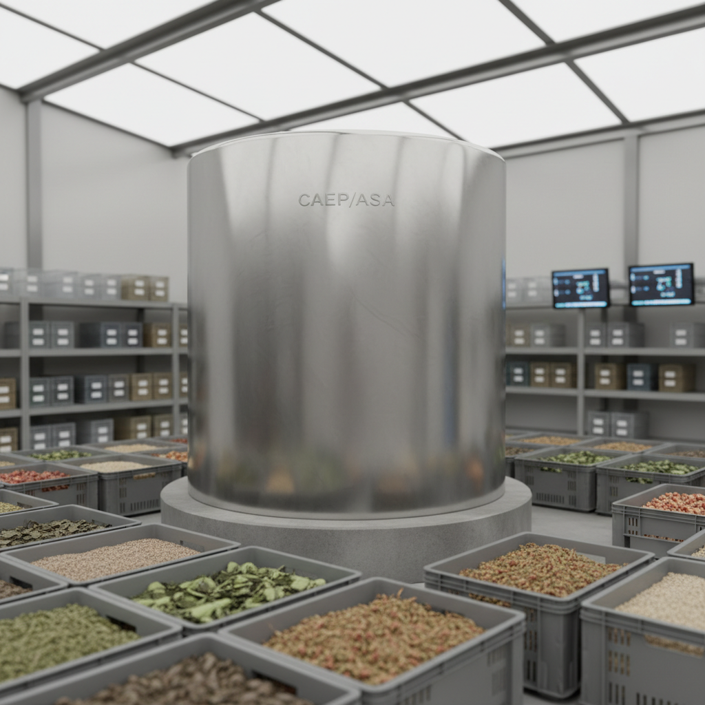 A close-up photographic scene of a pristine stainless-steel agricultural storage tank labeled with a subtle CAEP/ASA logo, its brushed metal surface reflecting soft highlights. The tank stands on a smooth concrete platform, surrounded by neatly arranged plastic crates filled with sorted Asirans produce in muted greens and earthy browns. Overhead, diffused daylight from a translucent industrial roof panel creates even, shadowless lighting, emphasizing cleanliness and order. The background shows slightly blurred, organized shelving with clearly labeled containers and modern monitoring equipment. Shot at eye level with a shallow depth of field, the composition centers on the tank, conveying precision, safety, and professional quality in a clean, modern photographic style.
